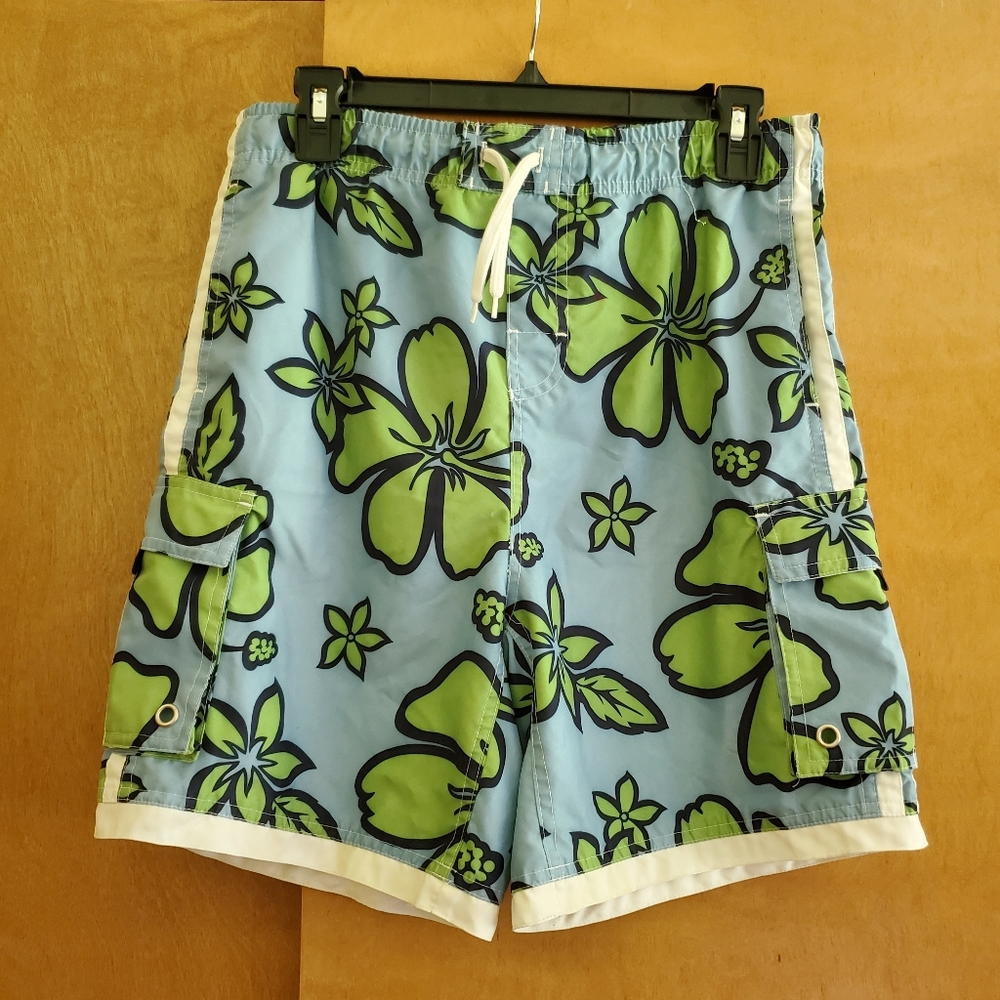 Duck Head Jeans Boardshorts Blue Hibiscus Size 18 Drawstring